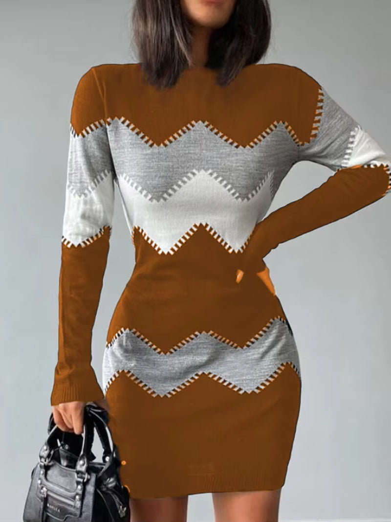 2024 Autumn Women Fashion Print Slim Knitted Dress Female Long-Sleeve O-Neck Elegant Bodycon Package Hips Mini Dresses 4XL